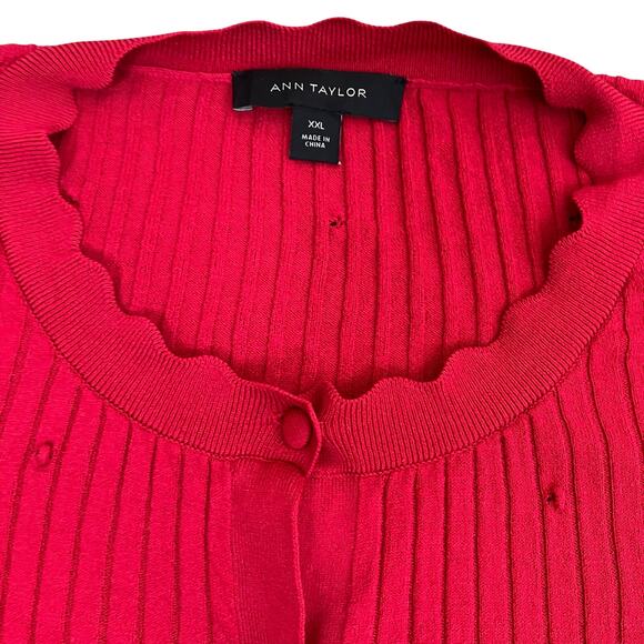 Ann Taylor Sz XXL Red Textured Ribbed Knit Stretchy Cardigan Scalloped Neck Cute - Picture 12 of 16